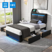 Letto imbottito con USB, LED, 4 cassetti - Xylo - 90x200 - Nero