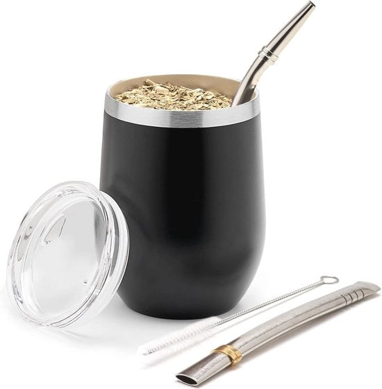Set di Yerba Mate 350 ml con doppio rivestimento in acciaio inossidabile - Incluso due bombille e spazzola per pulizia