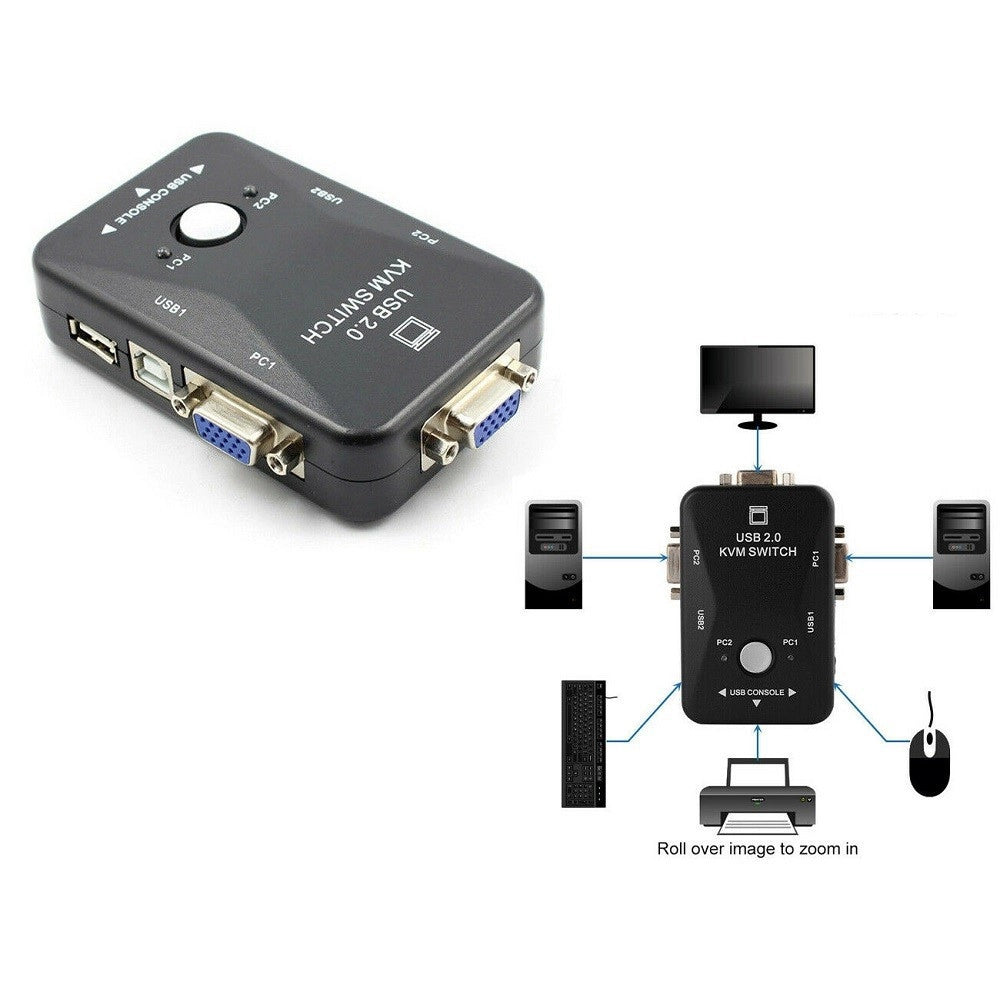 Trade Shop - Kvm Switch 2 Porte Usb2.0 Per Pc Tastiera Mouse Monitor Vga Stampante Box -