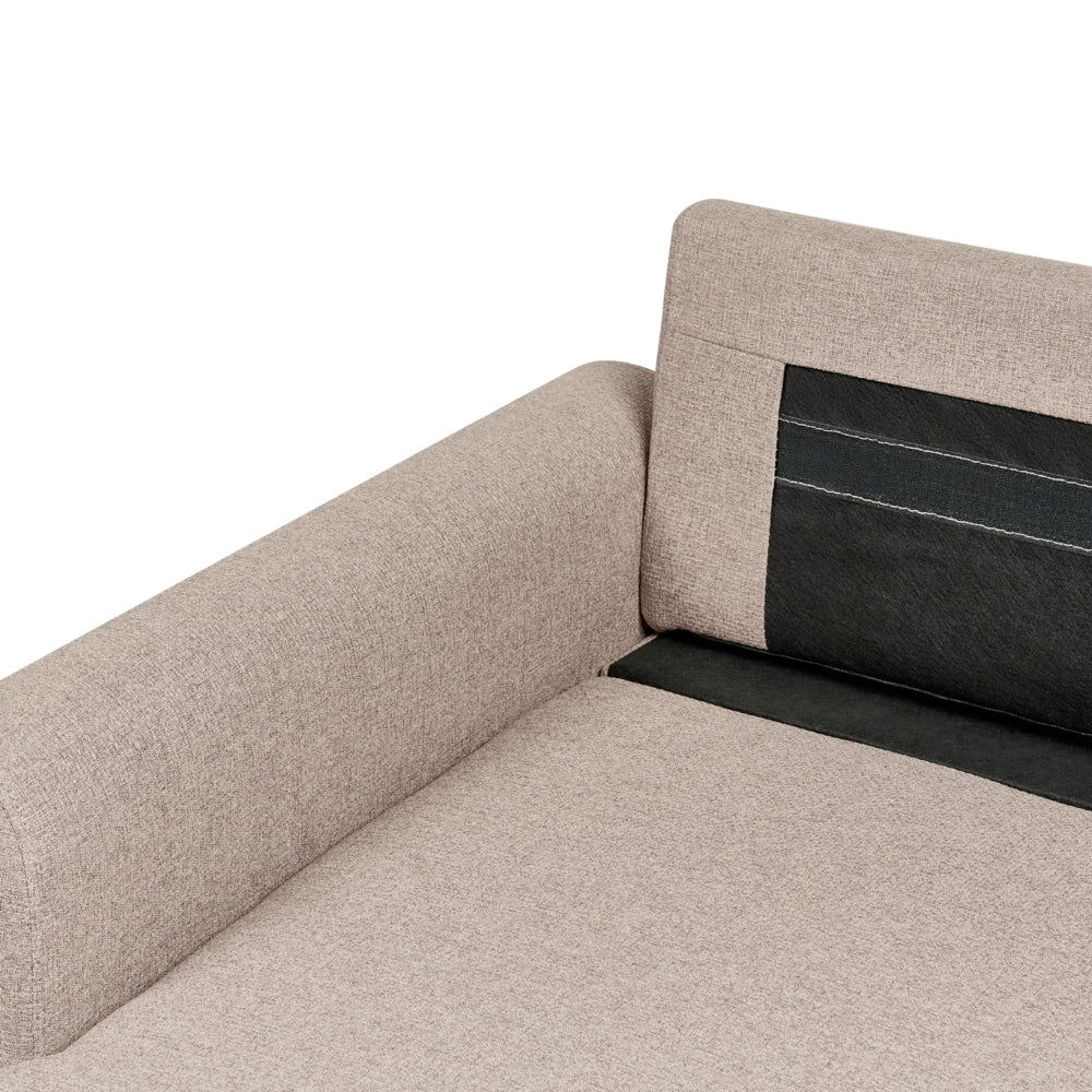 Divano letto angolare con contenitore lato destro marrone chiaro rivestimento in poliestere effetto lino contenitore cuscini design moderno