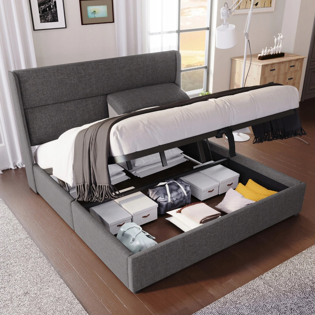 Letto imbottito - Xylo - 140x200 - Grigio - Stelaio idraulico