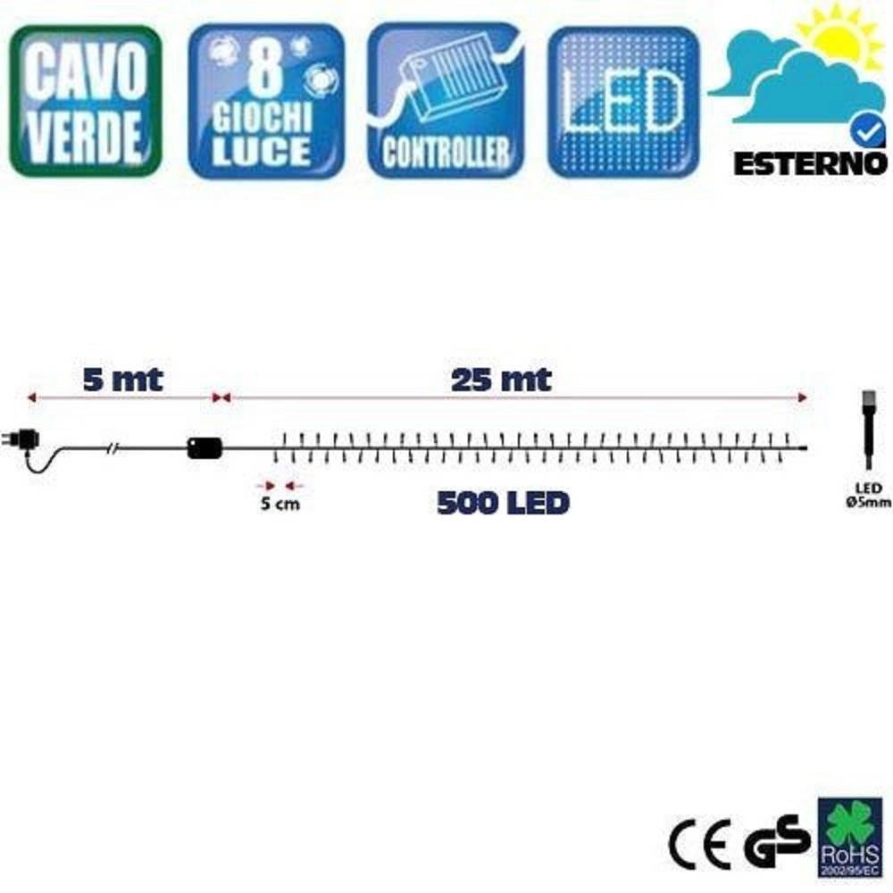 Trade Shop - Catena Luminosa 500 Luci Led Lucciole Bianco Caldo Controller 8 Funzioni Esterno -