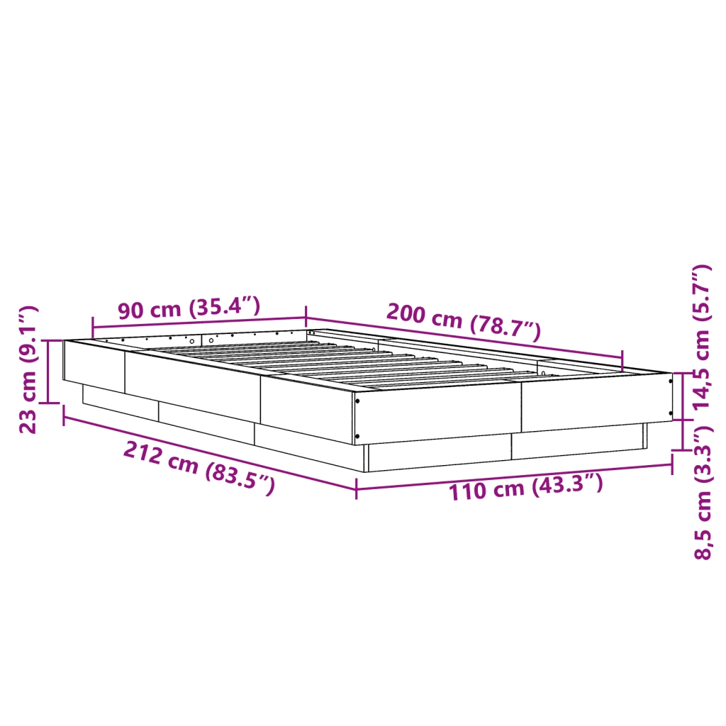 Letto singolo | Letto per adulti | Giroletto Grigio Sonoma 90x200 cm in Legno Multistrato