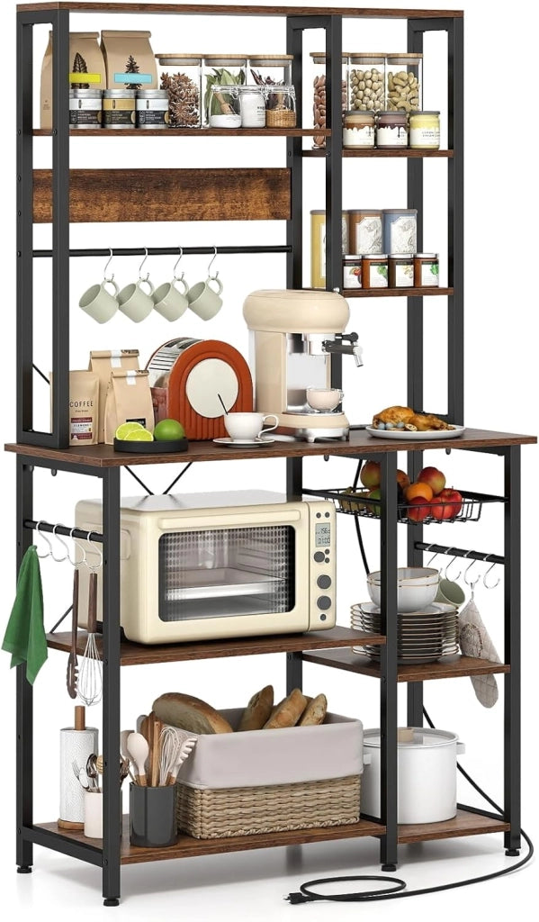 Scaffale da Cucina Salvaspazio, Scaffale a 6 Ripiani per Microonde con Stazione di Ricarica, Ganci a S e Cestino a Rete, Mobile da Cucina per Elettrodomestici, Pentole e Spezie