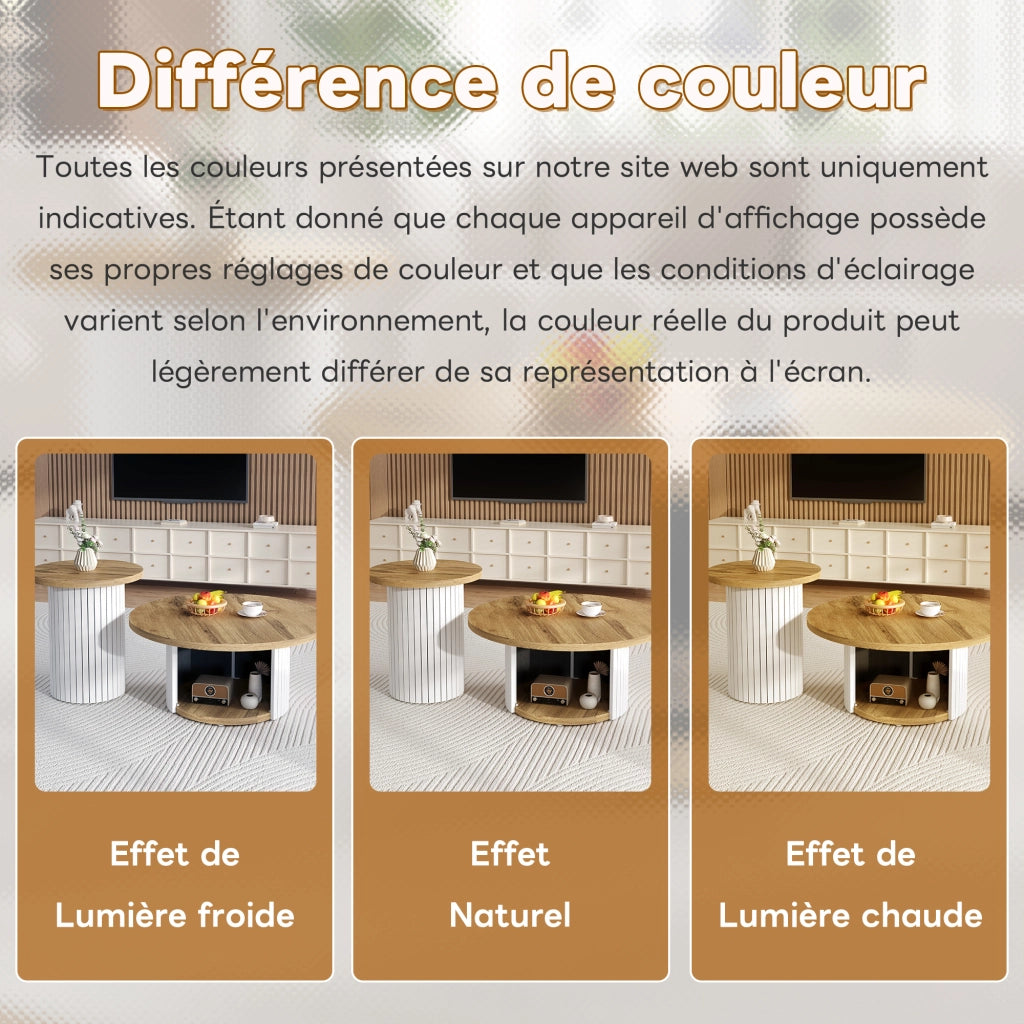 OKWISH Tavolini da Salotto Impilabili Rotondi Stile Nordico con Tavolo Principale e Tavolino Laterale, MDF, Naturale