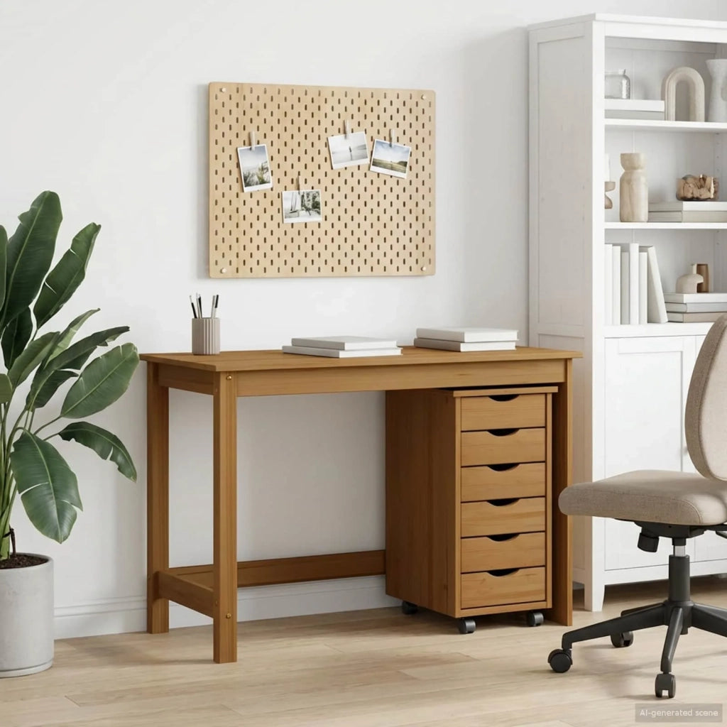 Set Scrivania | Tavolo da Ufficio e mobiletto su ruote MOSS 2 pz Marrone Miele