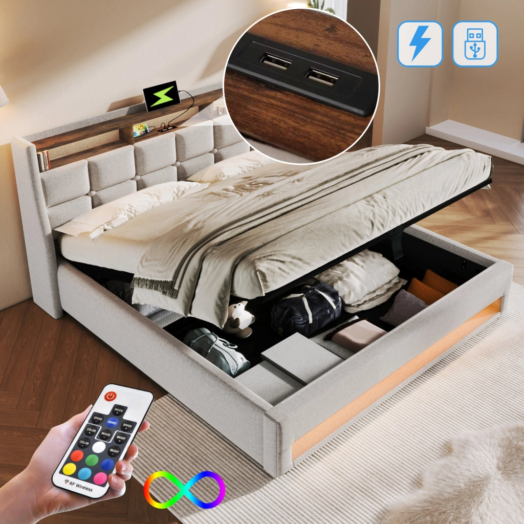 LETTO imbottito 140x200 cm Beige con LED e USB