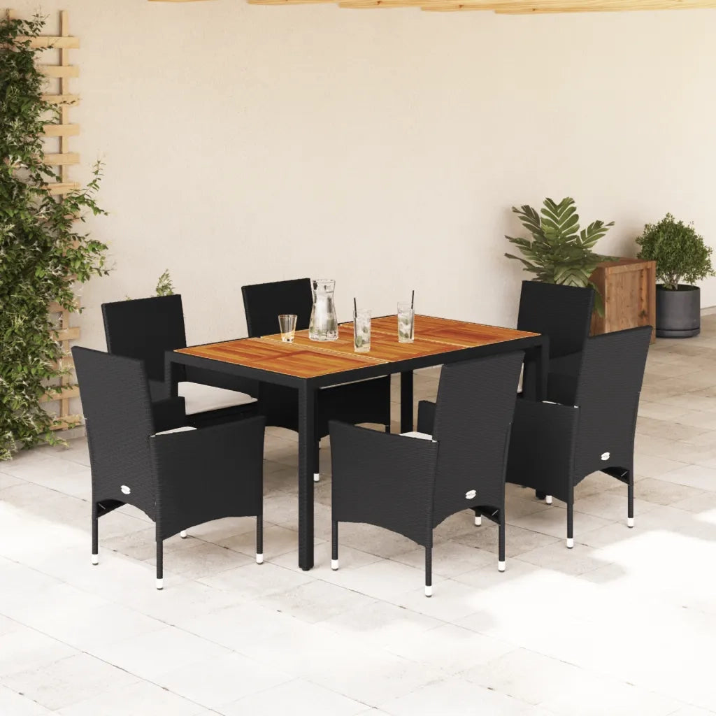 Set Pranzo da Giardino 7 pz Nero con Cuscini Polyrattan Acacia