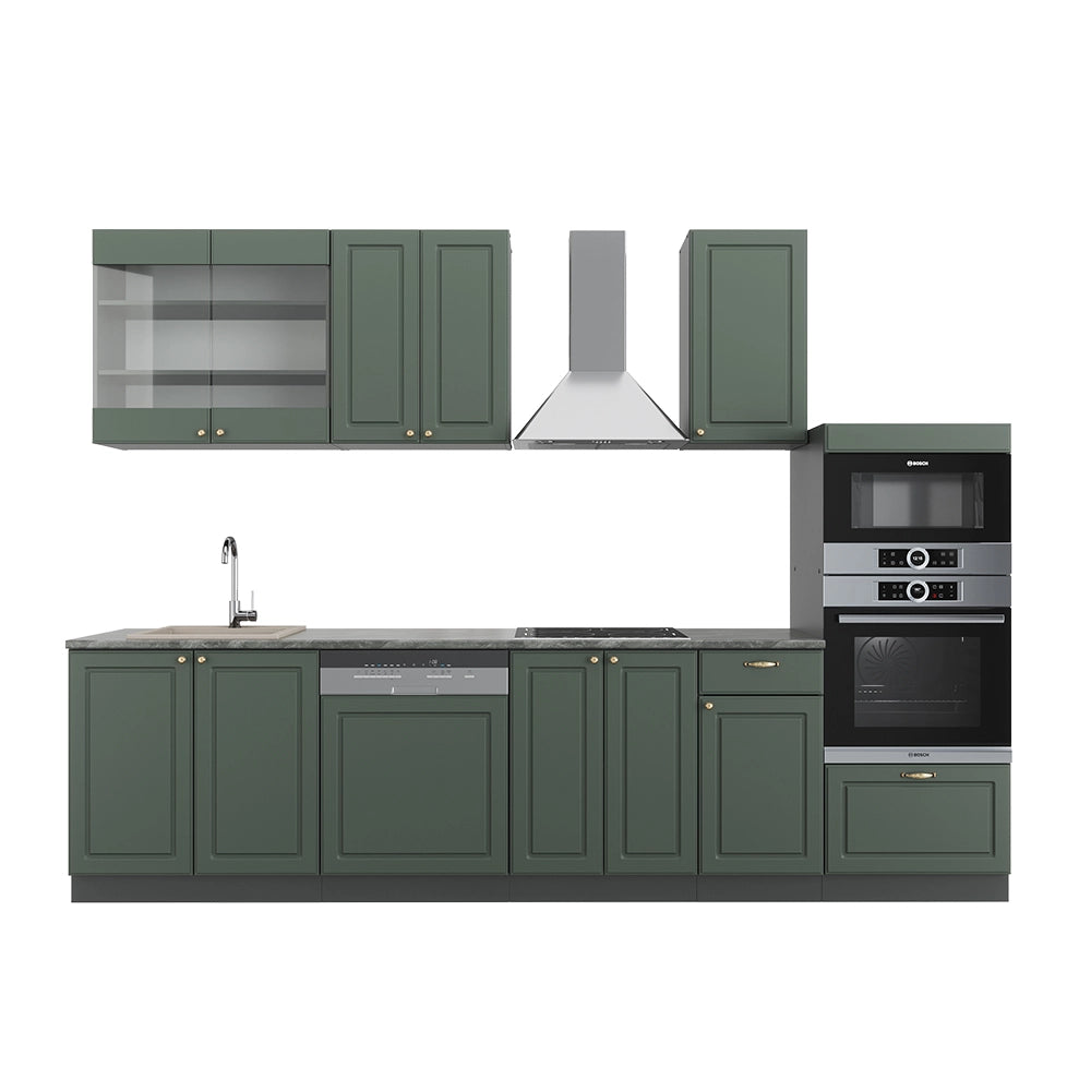 Cucina componibile Fame-Line Verde-oro rustico/Antracite 300 cm con armadio alto, senza piano di lavoro Vicco