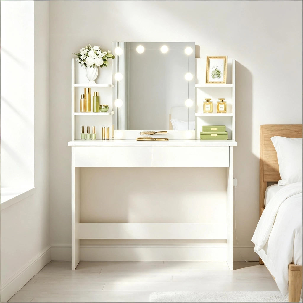 Toeletta con specchio LED e doppio cassetto, 4 ripiani in legno e plastica bianca per camera da letto, 40 × 90 × 135 cm