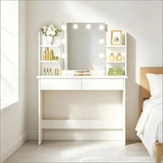 Toeletta con specchio LED e doppio cassetto, 4 ripiani in legno e plastica bianca per camera da letto, 40 × 90 × 135 cm