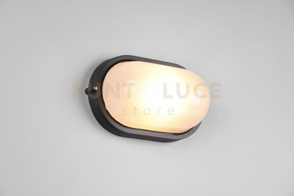 ALANO PLAFONIERA APPLIQUE DA ESTERNO OVALE FUSIONE DI ALLUMINIO NERA E VETRO SATINATO L.28,3CM IP44 1 LUCE ATTACCO E27