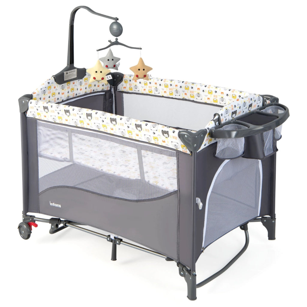 Culla 5-in-1 con materasso cambio pannolini carillon e giocattoli appesi, Dondolo portatile per neonati Grigio
