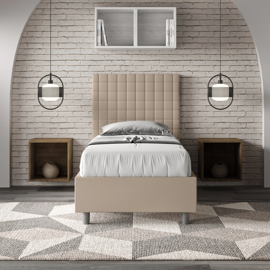 BS COM Letto singolo contenitore imbottito 80x190 similpelle tortora
