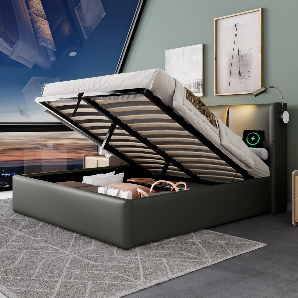 Letto matrimoniale – 160x200 cm – luce USB contenitore – PU grigio