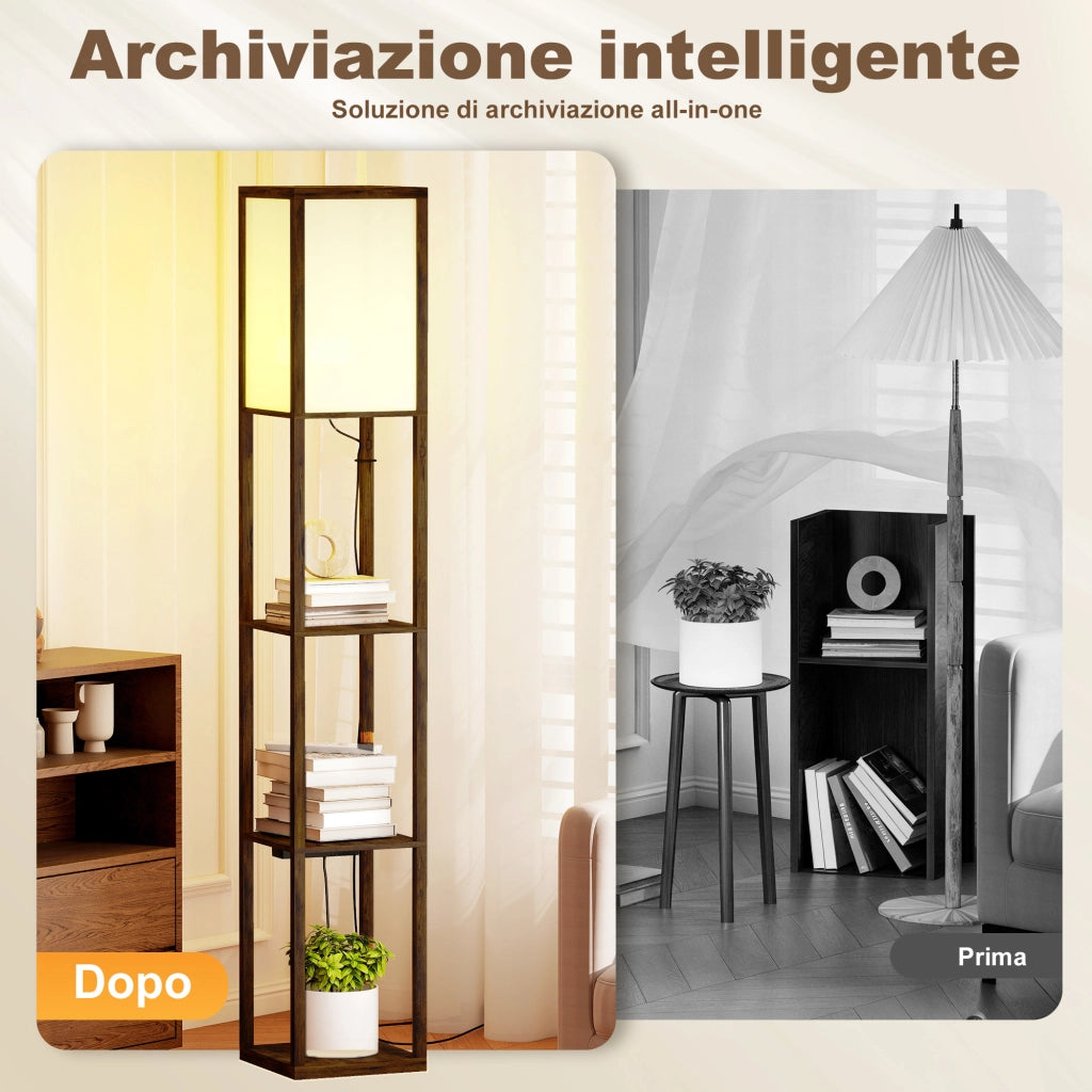 Lampada da Terra con Ripiani e USB ¨C Minimal ¨C Marrone