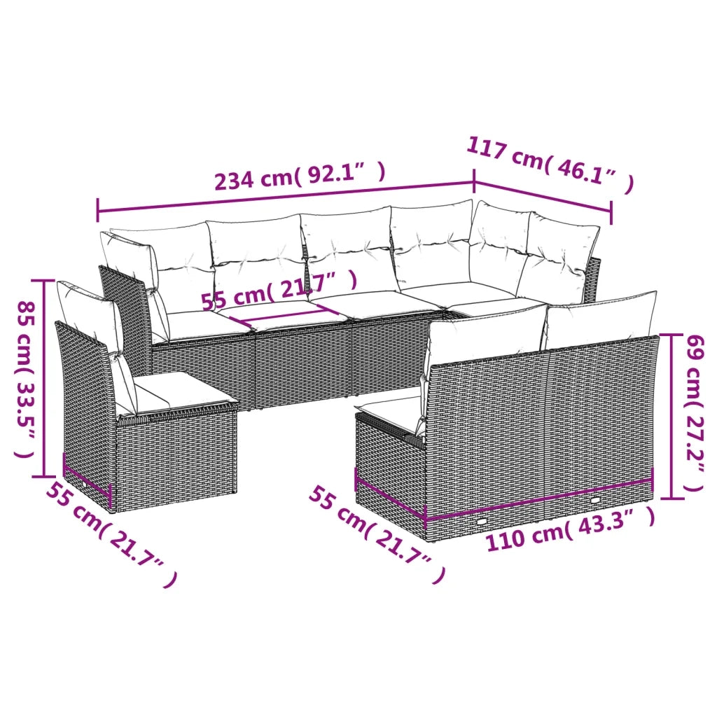 Set Divani da Giardino 8 pz con Cuscini Marrone in Polyrattan
