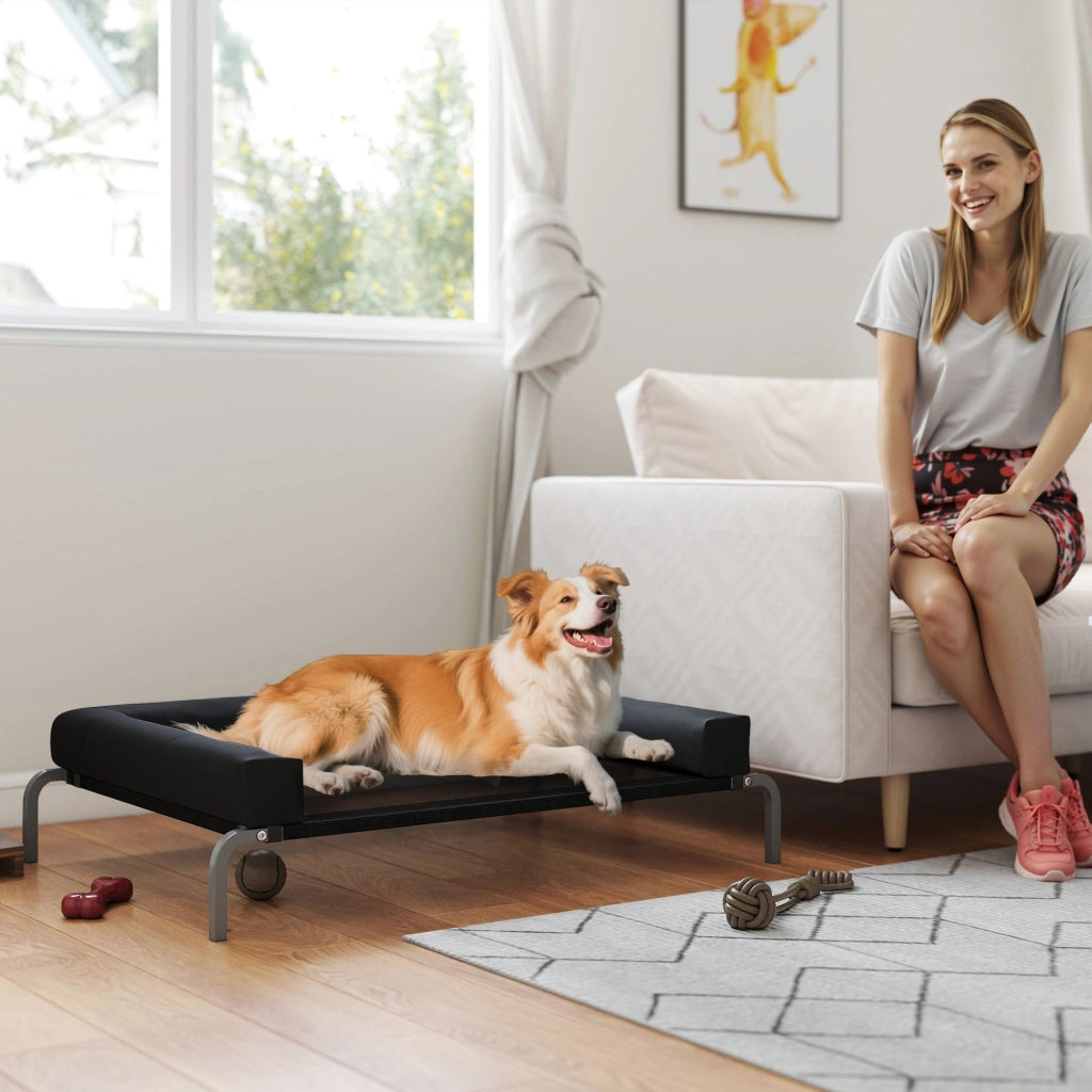 Lettino per Cani Rialzato con Cuscino ¨C Minimal ¨C Nero e Argento, Poliestere e Acciaio, 110x75x30 cm