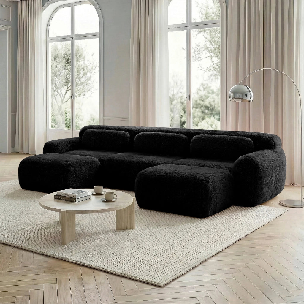 Divano Modulare a U 2-4 Posti senza Montaggio con Pouf e Cuscini; Base Antiscivolo in Peluche Nero