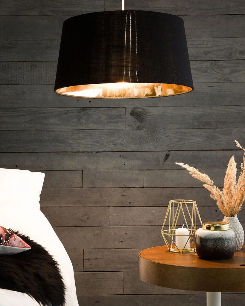 Lampada a Sospensione in Tessuto Nero e dorato Forma Campana Moderna