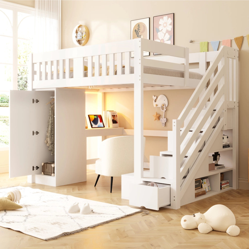 LETTO A CASTELLO 140x200 cm con scrivania, scala contenitore e LED bianco