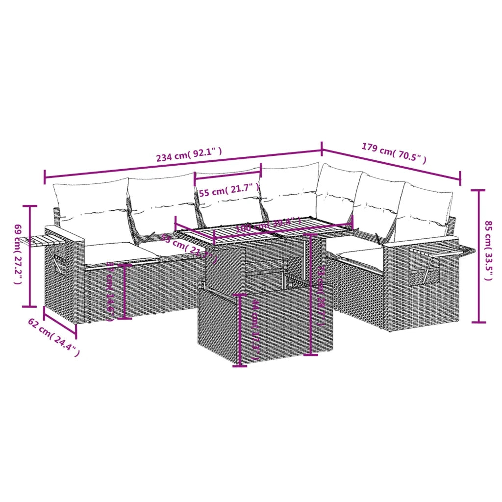 Set Divani da Giardino 7 pz con Cuscini Grigio in Polyrattan