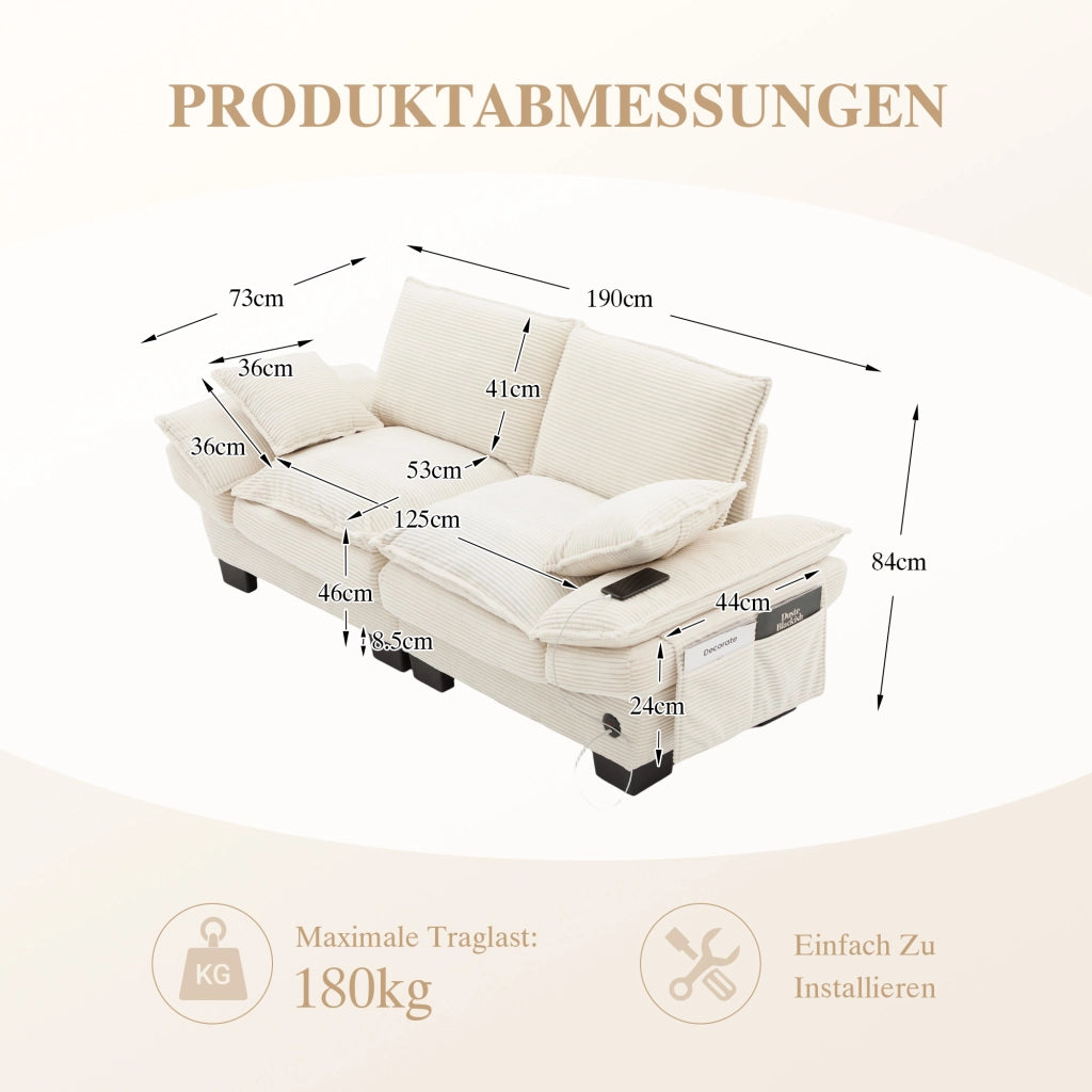 SOFA 2 POSTI 190x73x84 cm in Corduroy Beige con USB-C