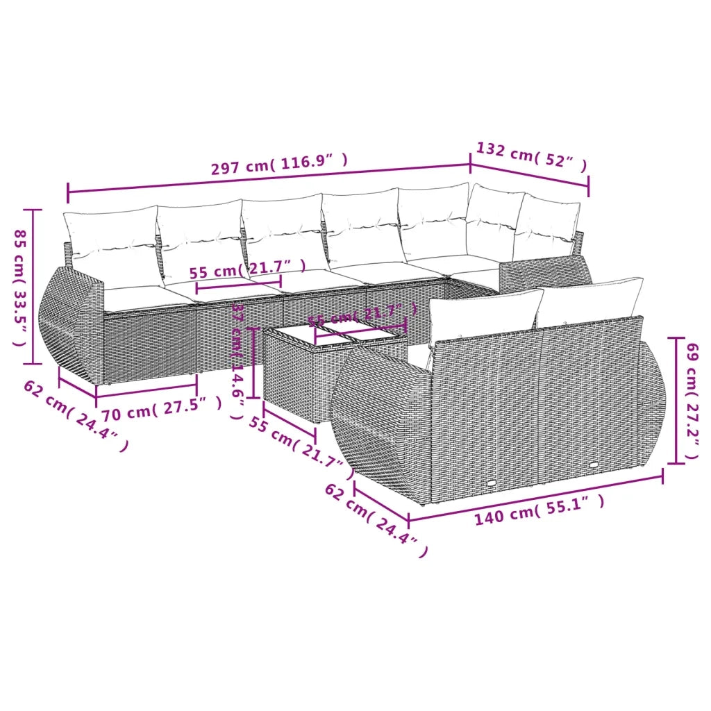 Set Divani da Giardino 9 pz con Cuscini Nero in Polyrattan 3221625