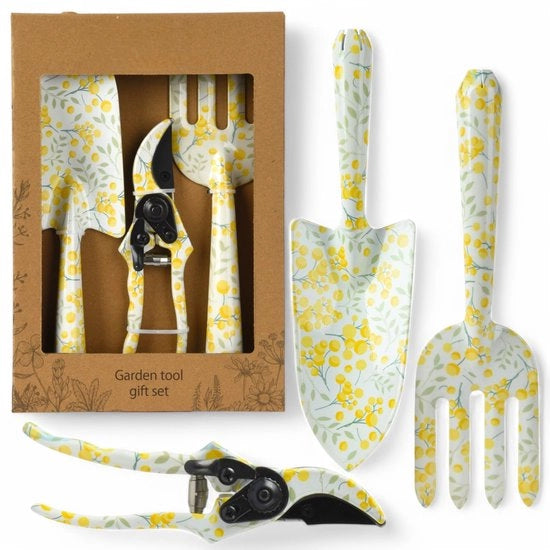 Insieme di attrezzi per giardinaggio – 3 pezzi, acciaio, disegno fiorale, zappa, rastrello e forbici, ergonomico, robusto, 28 x 8 cm, per appassionati di giardinaggio e amanti delle piante