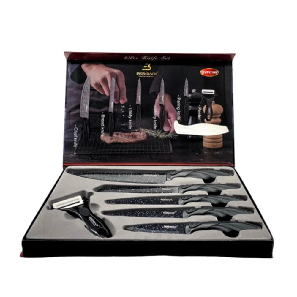 Trade Shop - Set Di Coltelli Rivestiti In Marmo Con Manici Ergonomici Antiscivolo 6 Pezzi Nero -