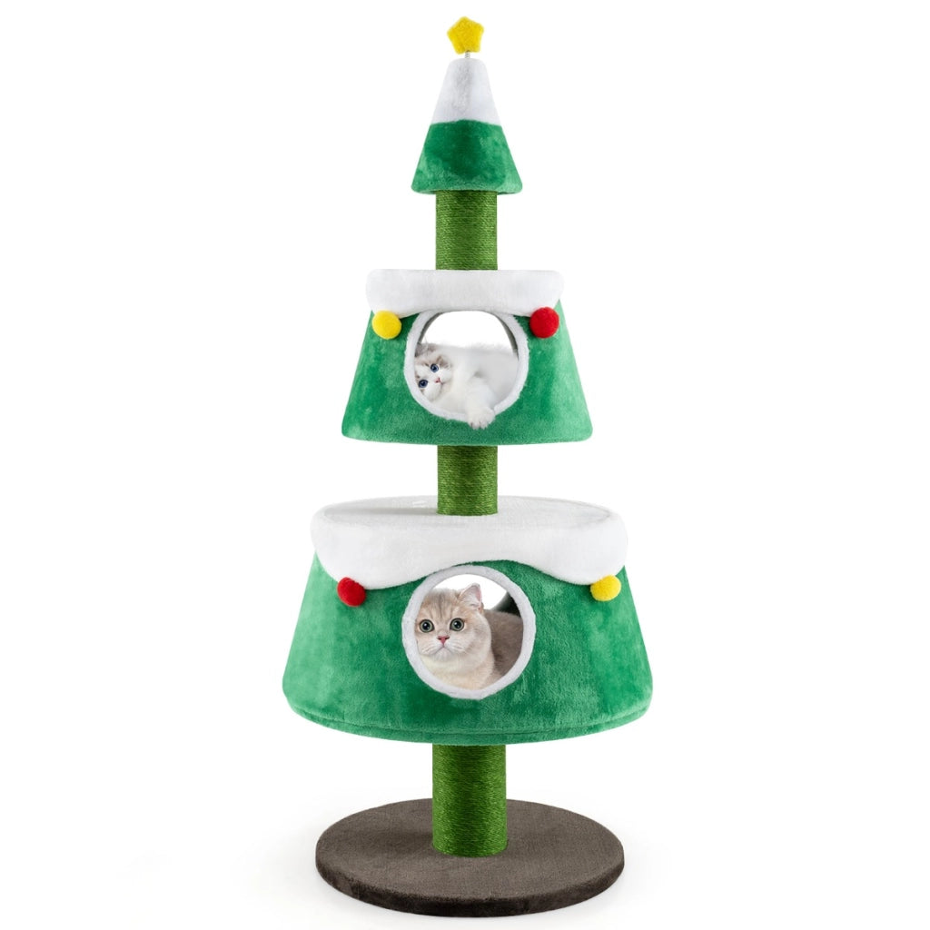 Tiragraffi per gatti ad albero di Natale con 2 condomini tiragraffi in sisal giocattolo a molla, Torre per gatti Verde-Alberi Tiragraffi