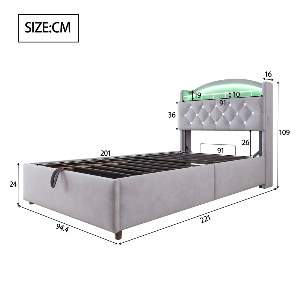 letto imbottito tessuto grigio 90 x 200 cm