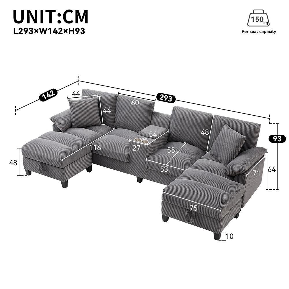 Divano 4 posti a U - Xylo - Velluto, USB, porta bicchieri, con cuscini