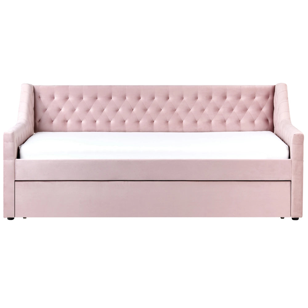 Letto singolo con letto estraibile 90 x 200 cm in Velluto Rosa con Rete a Doghe