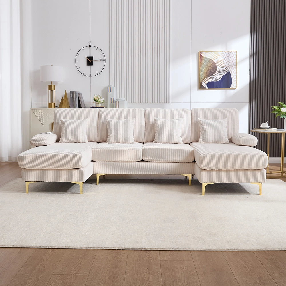 Divano a U - Xylo - LED/USB-C legno massello 4 cuscini beige