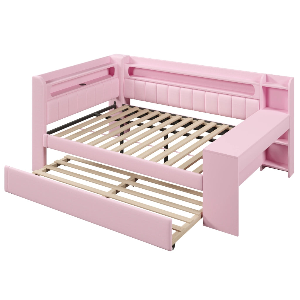 Letto a Divanetto 140x200 cm - USB; LED; con Letto Estraibile e Scrivania - Rosa