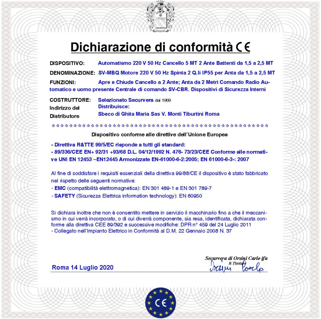 Automatismo Cancello 5 Metri 2 Ante da 2,5 MT Kit Motori Elettromeccanici 230V Sblocco Corsa 300mm Spinta 2 Q.li Staffe 6 Radiocomandi 2 Coppie Fotocellule 2 Pali Selettore 2 Ck Faro Cartello Monitore