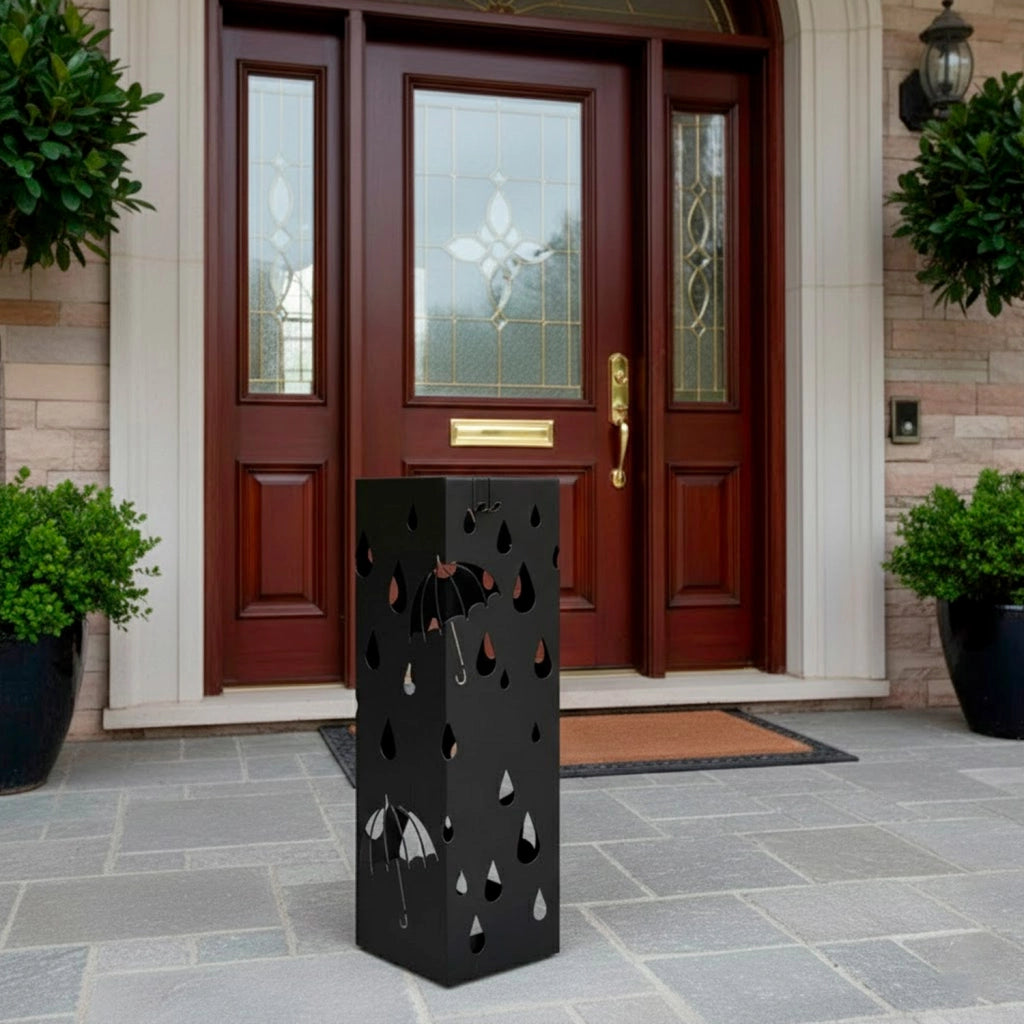 Portaombrelli In Acciaio Zincato Con Design Moderno Vaschetta Scolapioggia 2 Ganci Removibili Base Antiscivolo Per Ingresso Casa E Ufficio 49 X 15.5 X 15.5 Cm Nero
