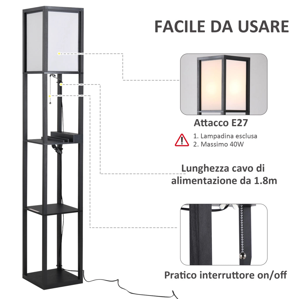 Lampada da Terra con Ripiani ¨C Xylo ¨C Nero e Bianco 26x26x160cm
