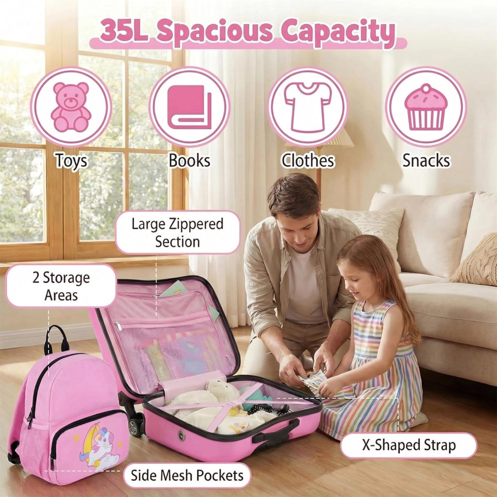 Set di Valigia Cavalcabile 18’’ + Zaino 12’’ per Bambini 2 Pezzi, Bagagli 2-in-1 di con Maniglia Telescopica e 4 Ruote, Trolley Bagaglio a Mano e Zaino per Bambini (Rosa Unicorno)
