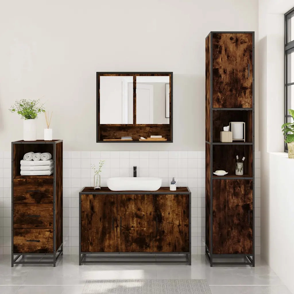 Set Mobili da Bagno | Armadio da bagno 3 pz Rovere Fumo in Legno Multistrato