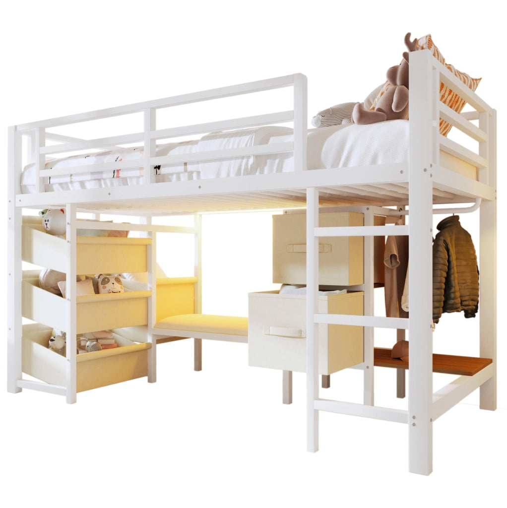 Letto medio alto 90x200 cm in metallo bianco con cuscino; LED multicolore e contenitore