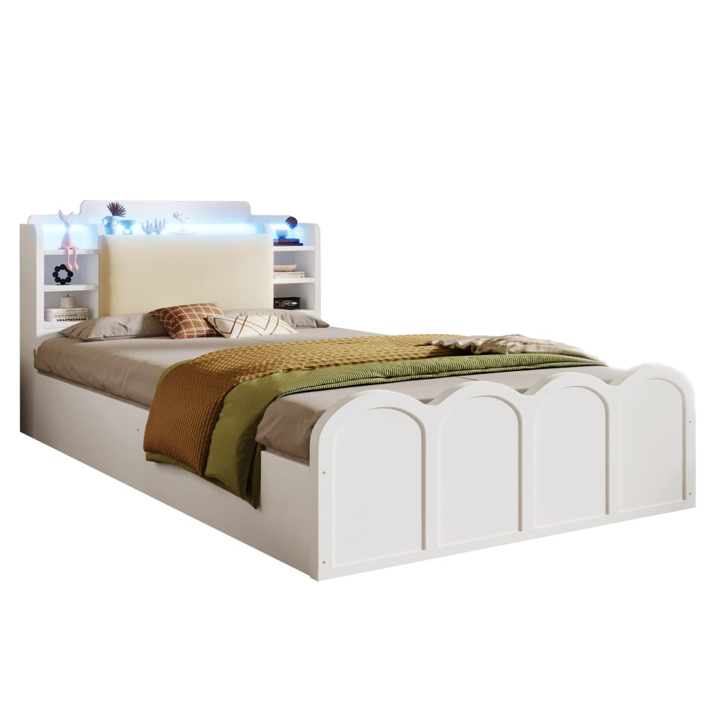 Letto a pannello - Zephmum - 90x200 cm - Bianco - Idraulico, USB-C, LED, comando a pressione/app