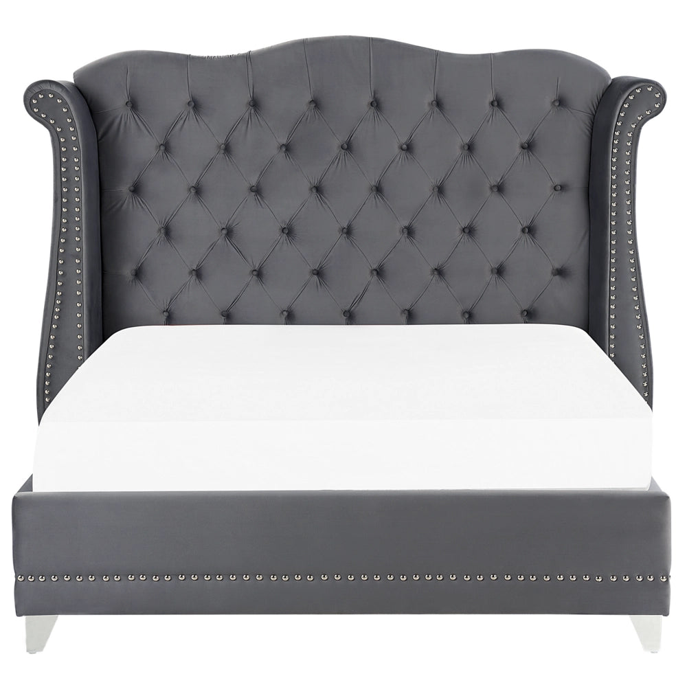 Letto 160 x 200 cm Velluto grigio Base a doghe Bottone trapuntato testiera