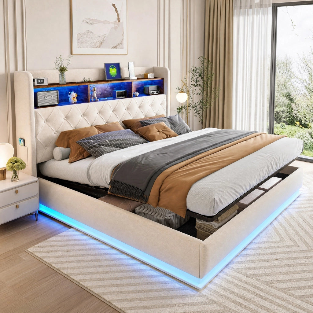 LETTO Imbottito 180x200 cm Beige con LED, USB e vano contenitore