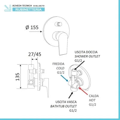 Miscelatore doccia incasso cromato con deviatore Mariani serie Artic
