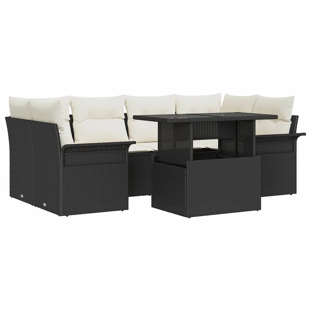 Set Divano da Giardino con cuscino 7 pcs Nero Poly Rattan