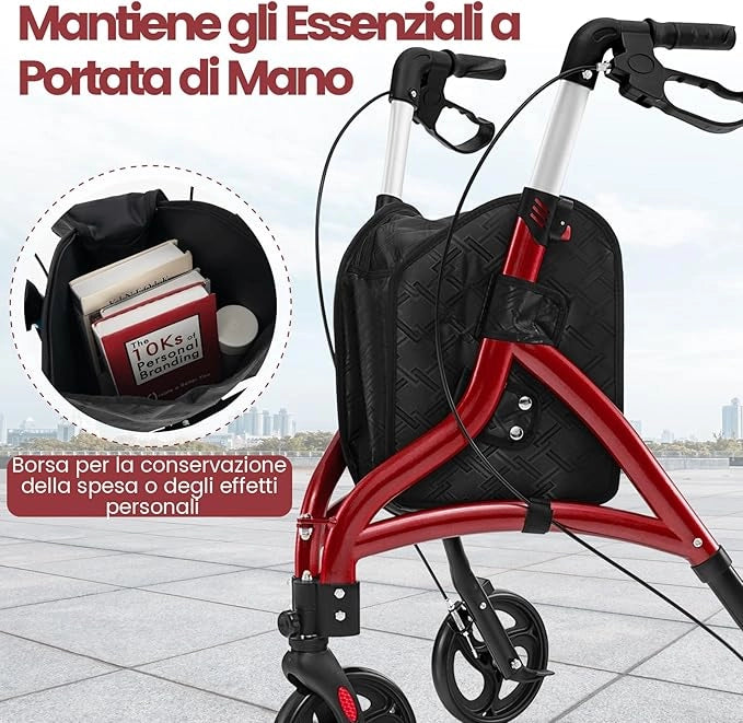 Deambulatore per Anziani in Alluminio Ultraleggero a 3 Ruote, Rollator per Anziani Pieghevole e Regolabile in 6 Livelli 86-96 cm con Borsa e Ruote Bloccabili, Portata 136 kg (Rosso)