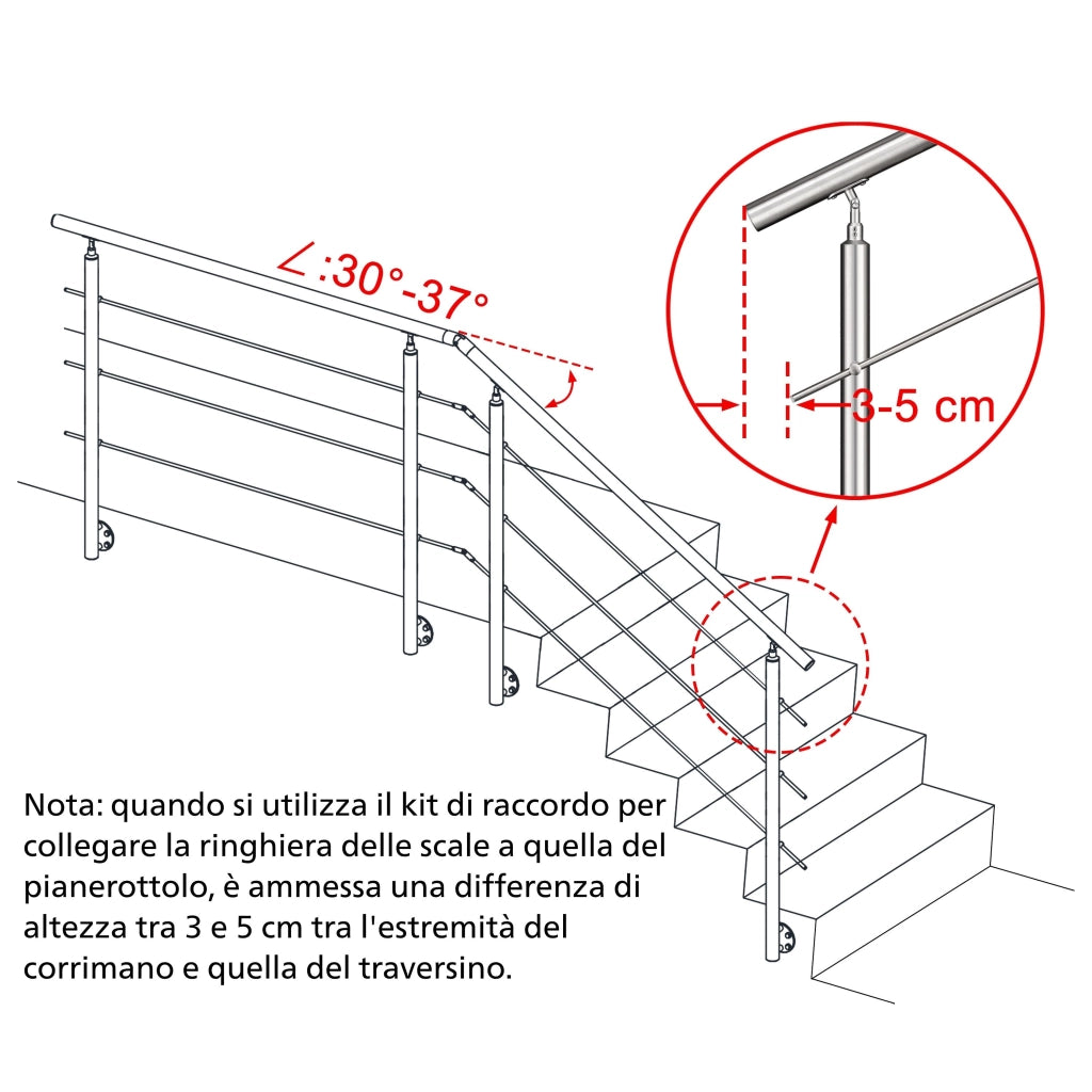 Ringhiera Balaustra Corrimano in acciaio inox 304 spazzolato per scale 120 cm, 3 barre trasversali, fissaggio laterale, per interni ed esterni