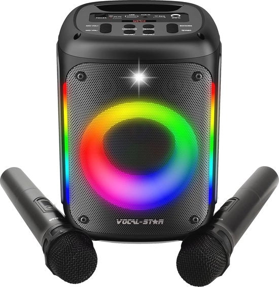 Macchina da Karaoke Portatile con Bluetooth e Microfoni Senza Fili - Altoparlante 60W e Effetti di Luce